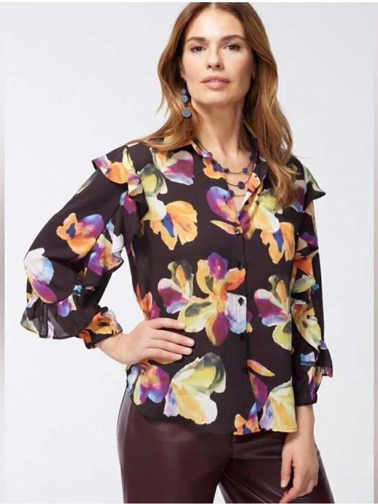 Chico's Tops - Chico's chiffon botanical Black Floral Ruffle-Sleeve Button Blouse